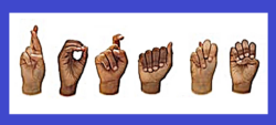 R-o-x-a-n-e fingerspelled in ASL with blue border