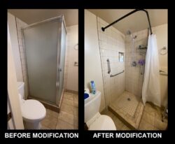 Home Access Before and After bathroom shower modification. Before shows enclosed glass shower; After shows rod with curtain walk-in and two grab bars inside shower for easy access.